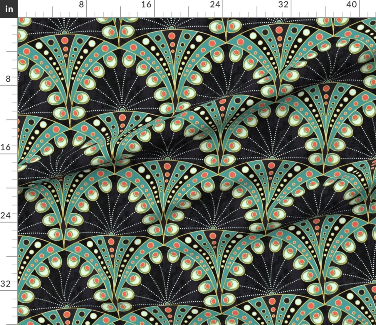 Art Deco Feather Nouveau Geometric Large Scale Boheme Symmetric Black And Teal Custom Printed Fabric by Spoonflower Various Fabrics by the Yard or Fat Quarter